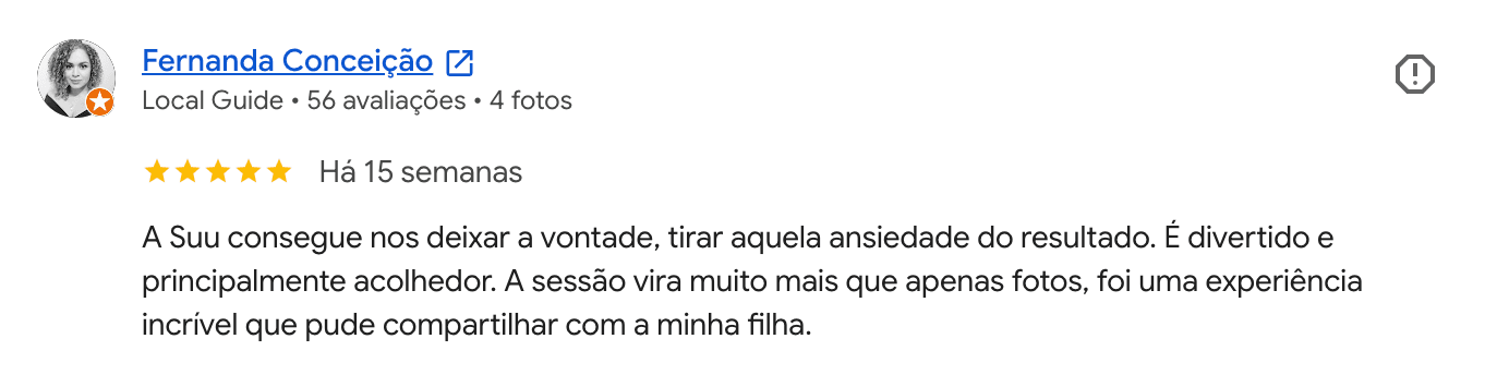 Avaliação no Google de Fernanda Conceição sobre experiência acolhedora do ensaio