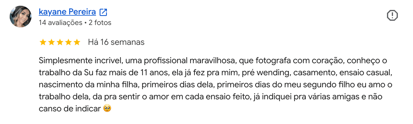Avaliação no Google de Kayane Pereira sobre ensaios ao longo dos anos