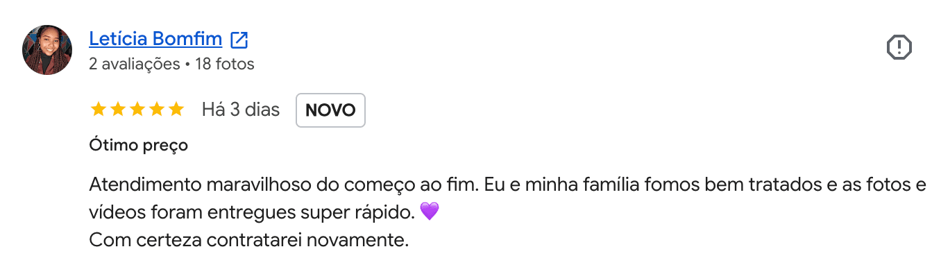 Avaliação no Google de Letícia Bomfim sobre atendimento e entrega das fotos