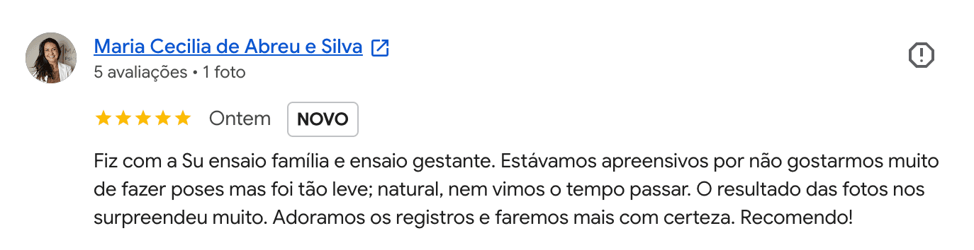 Avaliação no Google de Maria Cecilia de Abreu e Silva sobre ensaio gestante e família