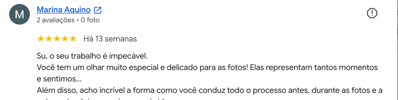 Avaliação no Google de Marina Aquino sobre trabalho fotográfico