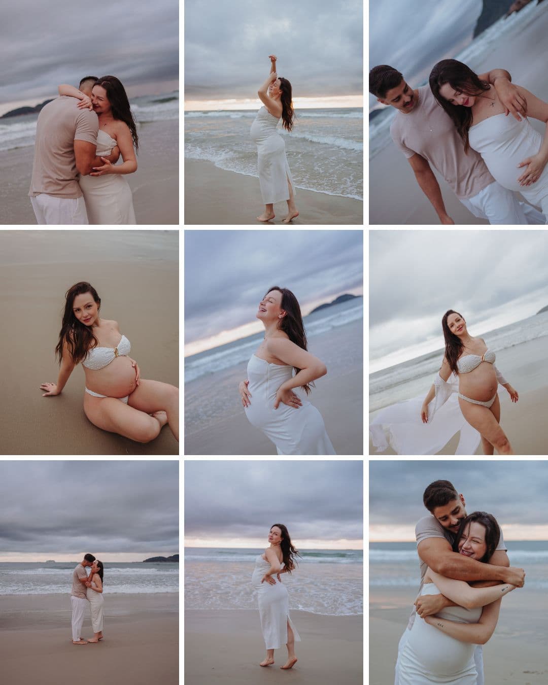 Ensaio de gestação na praia, vestido branco e mar