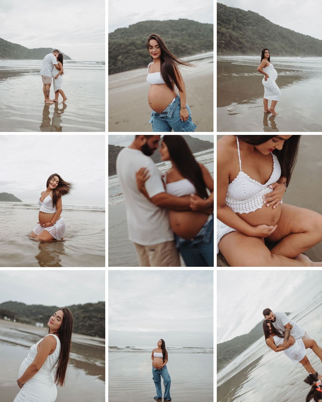 Ensaio de gestação na praia, jeans, branco e céu nublado
